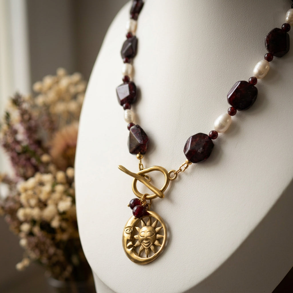 Deep red garnet and white rice pearl necklace with a gold-plated front toggle clasp, two garnet drops and a sun-and-crescent-moon pendant, displayed on a white jewellery bust beside dried flowers.