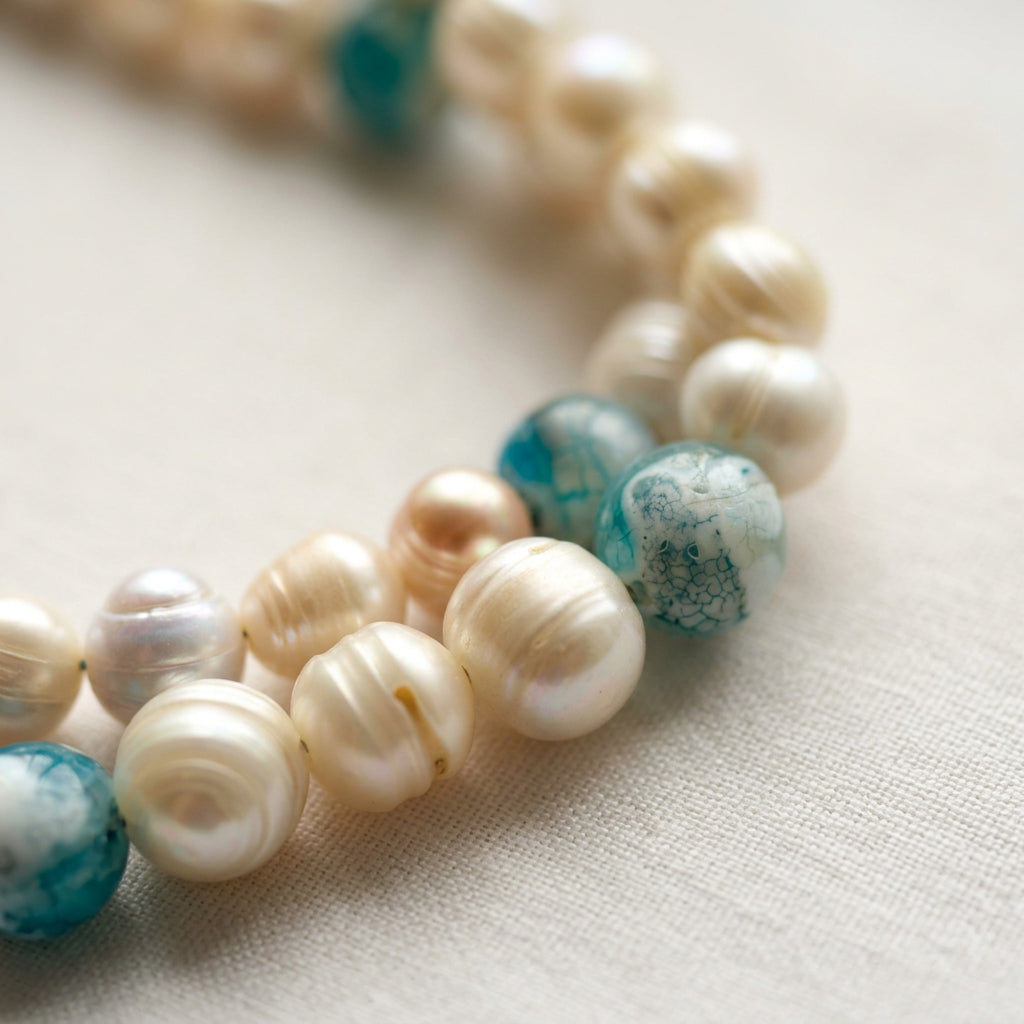 Macro close-up of creamy white baroque pearls and mottled blue-green glass beads on cream linen, showing the pearls’ natural ridges, irregular shapes and soft lustre.