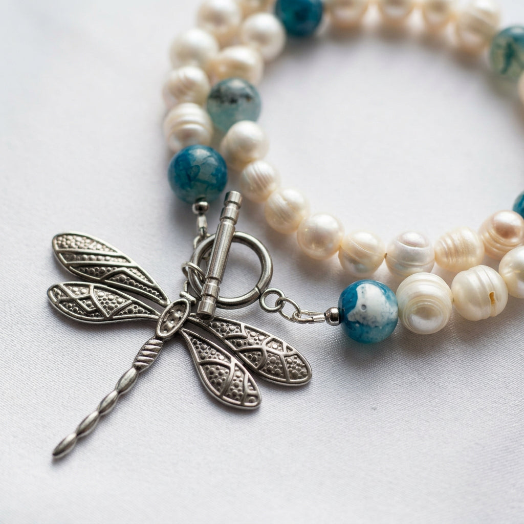 Close-up of a stainless steel dragonfly pendant with patterned wings beneath a fastened silver-coloured toggle clasp, beside ridged white baroque pearls and mottled blue glass beads on pale fabric.