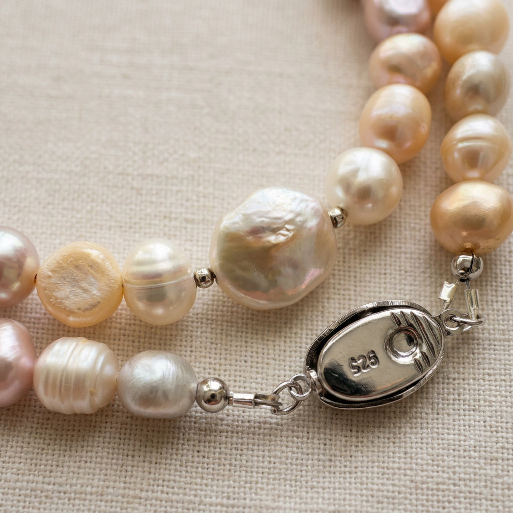 Close-up of a fastened sterling silver clasp stamped 925 beside cream, peach and pale lavender baroque pearls, with small silver spacers and a larger flattened pearl on cream linen.