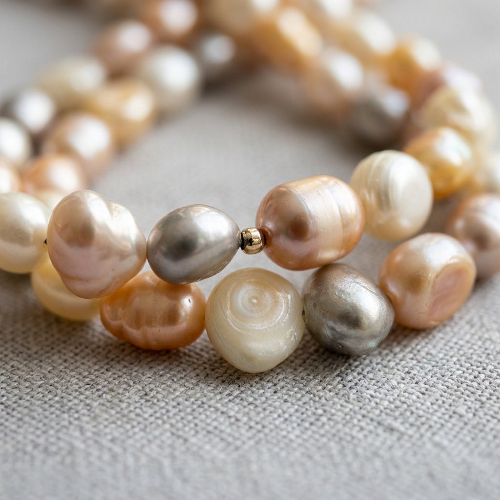 Close-up of loosely coiled peach, cream and silvery lavender baroque pearls on grey linen, showing irregular shapes, concentric surface ridges and a small sterling silver spacer bead.