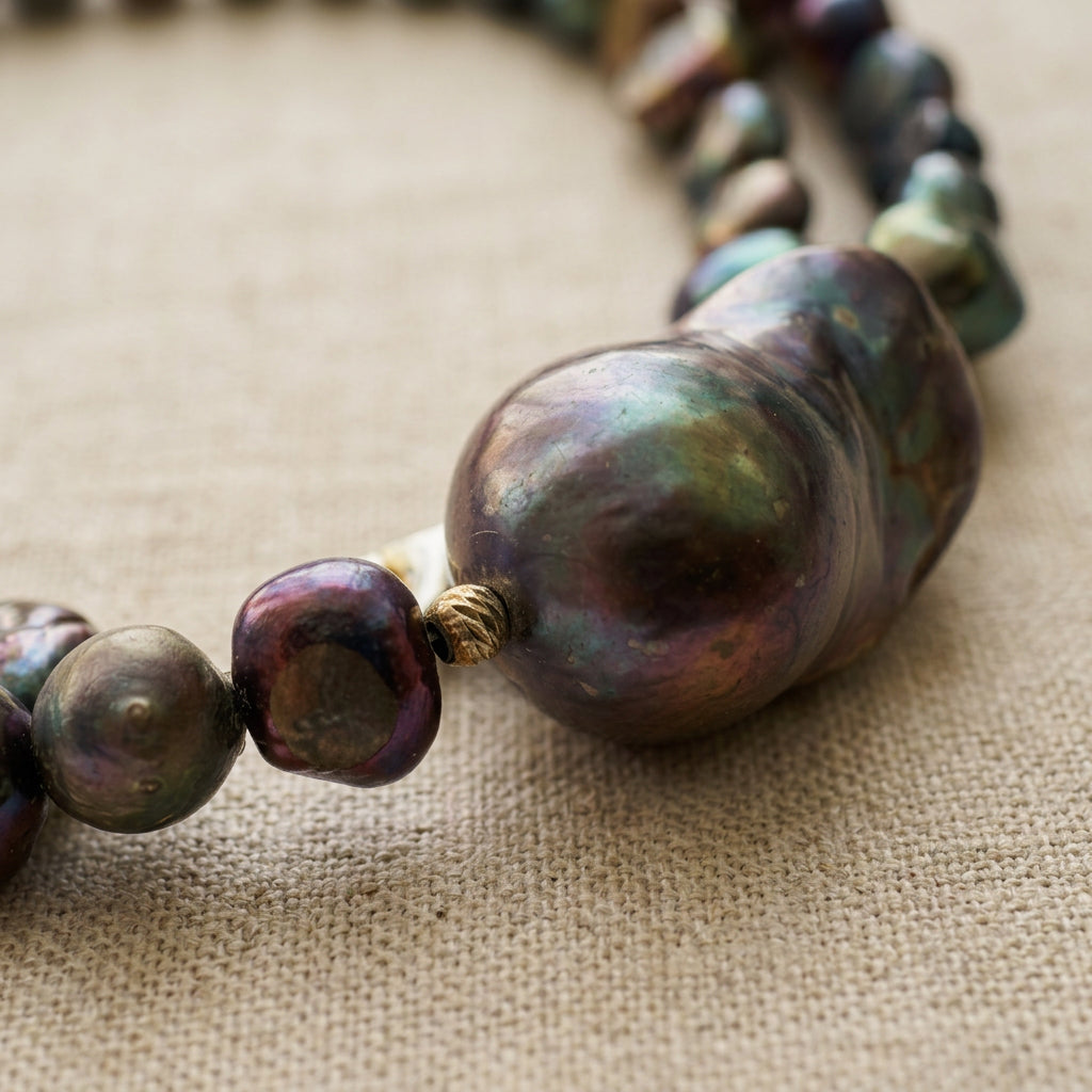 Close-up of a large irregular dark keshi pearl with green, purple and bronze iridescence, beside smaller dark baroque pearls and a textured metallic spacer on cream linen.