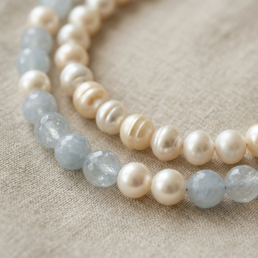 Close-up of lustrous white baroque pearls and faceted pale blue aquamarine beads arranged in overlapping curves on cream linen, showing the pearls’ natural ridges and the stones’ translucent surfaces.