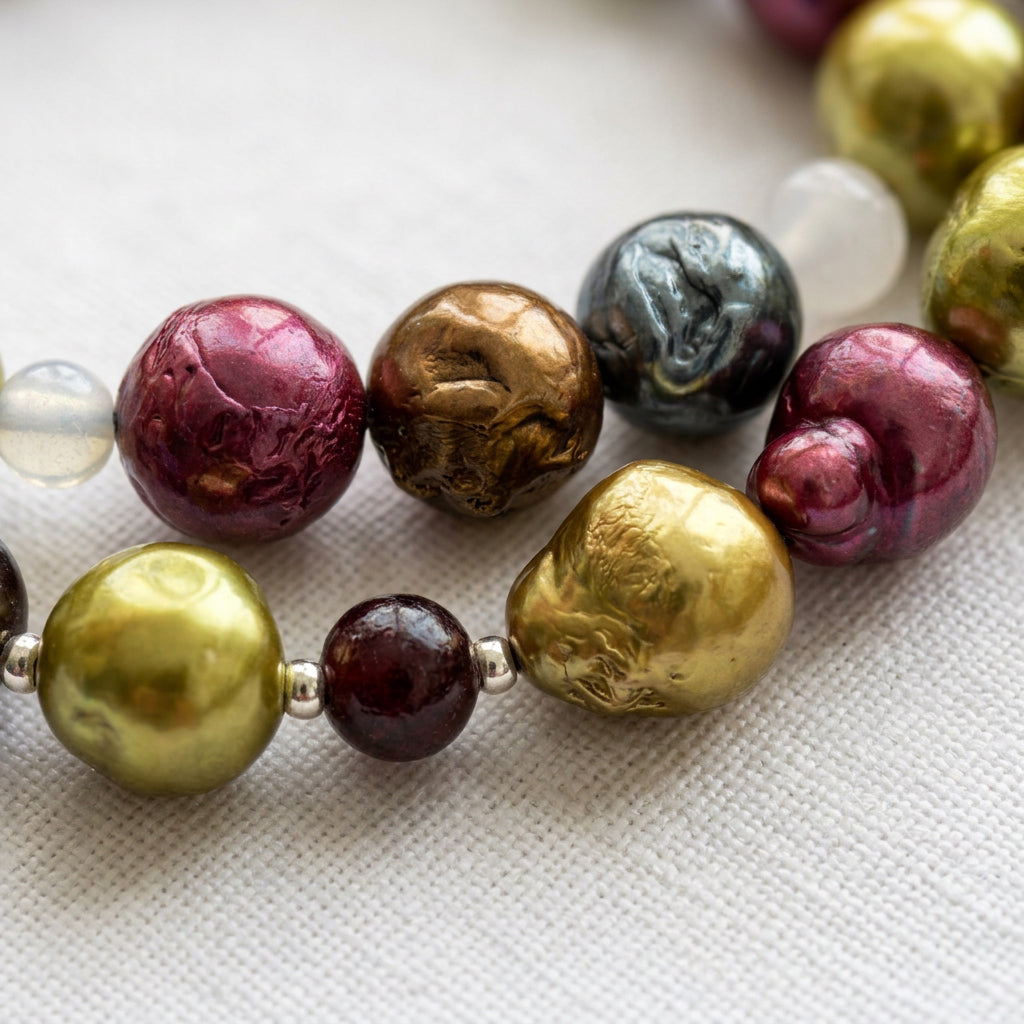 Close-up of burgundy, bronze, silver-grey and lime-gold baroque pearls with textured surfaces, beside a dark red garnet bead framed by sterling silver spacers on pale linen.
