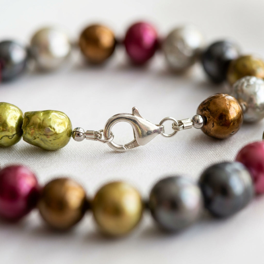 Close-up of a fastened sterling silver lobster clasp stamped 925, joining lime-gold and bronze baroque pearls, with burgundy and silver-grey pearls softly blurred on cream fabric.