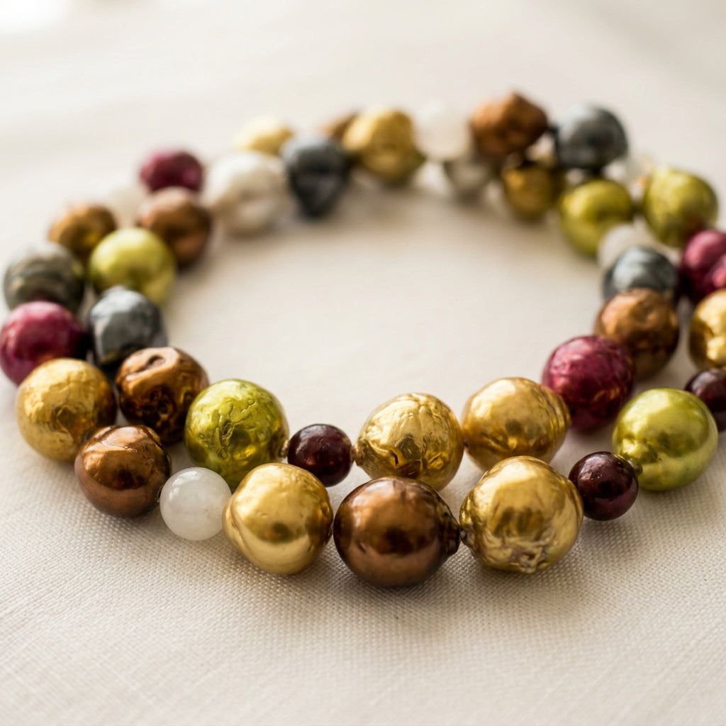 Close-up of loosely coiled gold, lime-green, bronze, burgundy and silver-grey baroque pearls on cream fabric, with small dark red garnet and milky moonstone beads between them.