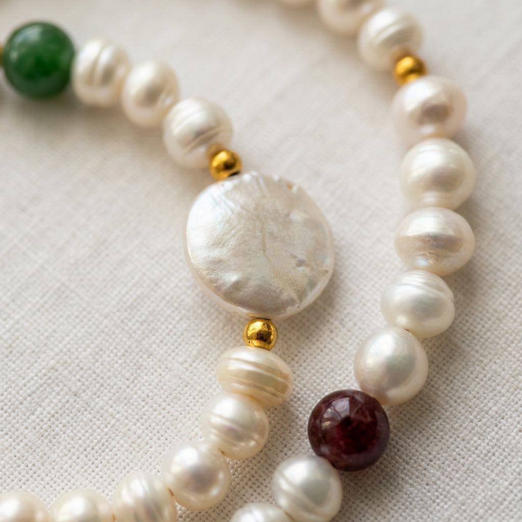 Close-up of a flat white coin pearl framed by gold-coloured spacers, alongside small white baroque pearls and faceted red and green tourmaline beads on cream linen.