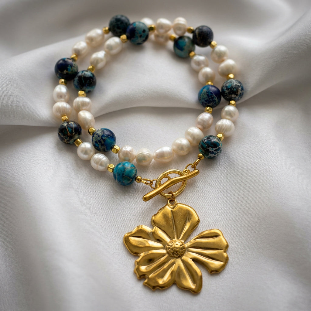 Blue Jasper, Baroque Pearl & Gold Hematite Statement Necklace