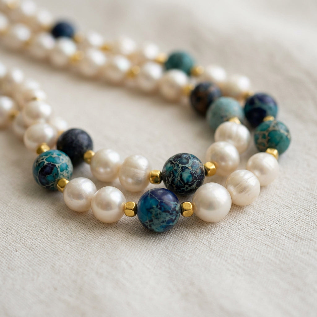 Close-up of mottled turquoise-blue and navy jasper beads, creamy white baroque pearls and gold-coloured hematite spacers on cream fabric, showing the stones’ pale veining and the pearls’ natural ridges.⠋