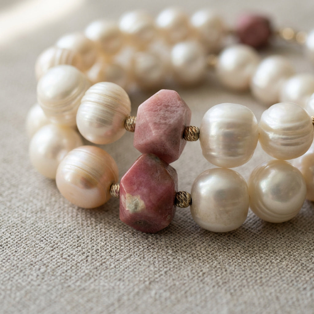 Close-up of two irregular faceted pink opal beads framed by textured sterling silver spacers and large creamy white baroque pearls, showing natural pearl ridges on grey linen.