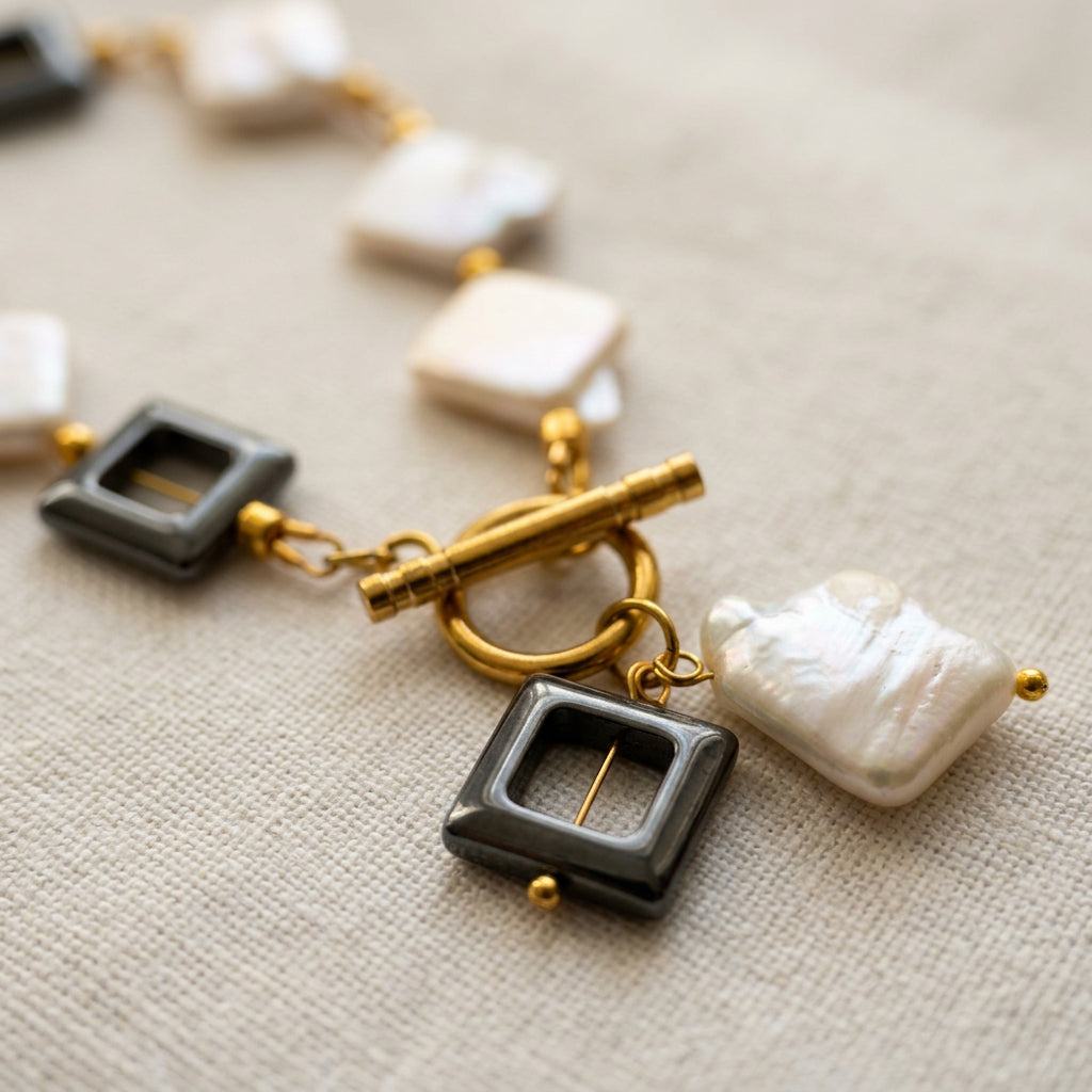 Close-up of a fastened gold-plated toggle clasp with a white rectangular baroque pearl pendant and black open-square hematite pendant resting side by side on cream linen.