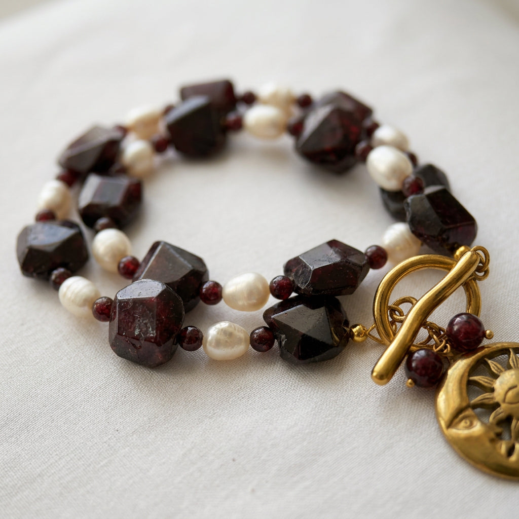 Deep red faceted garnet and white rice pearl necklace coiled on cream fabric, with a fastened gold-plated toggle clasp, two garnet drops and a partially visible sun-and-crescent-moon pendant.