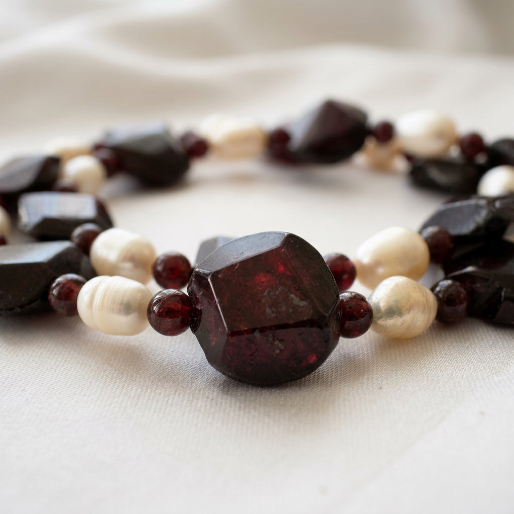 Close-up of a chunky faceted deep red garnet stone between small round garnet beads and white rice pearls on cream fabric, showing the stone’s angular facets and natural surface texture.