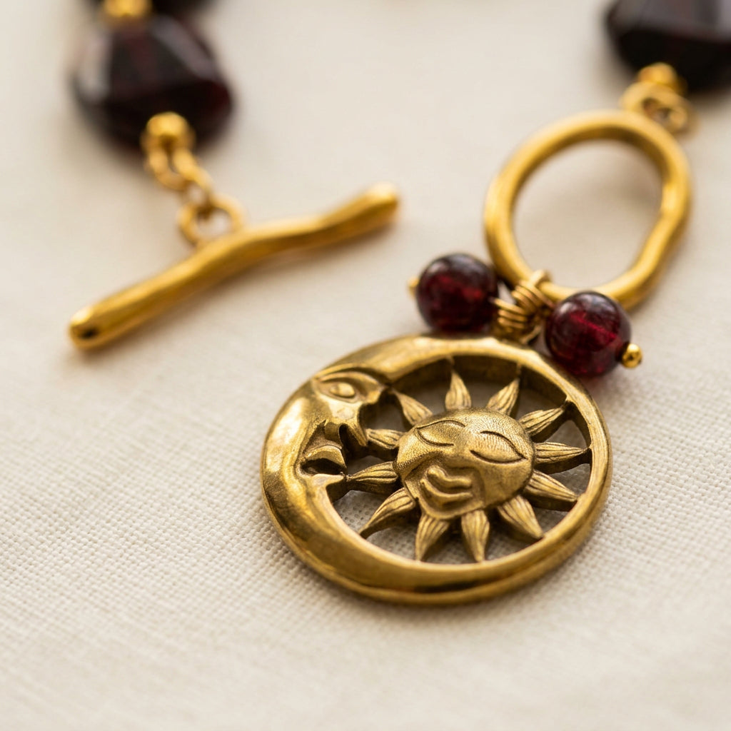 Close-up of a gold-plated sun-and-crescent-moon pendant with detailed faces, two deep red garnet drops and an unfastened toggle clasp, showing the separate bar and ring on cream linen.