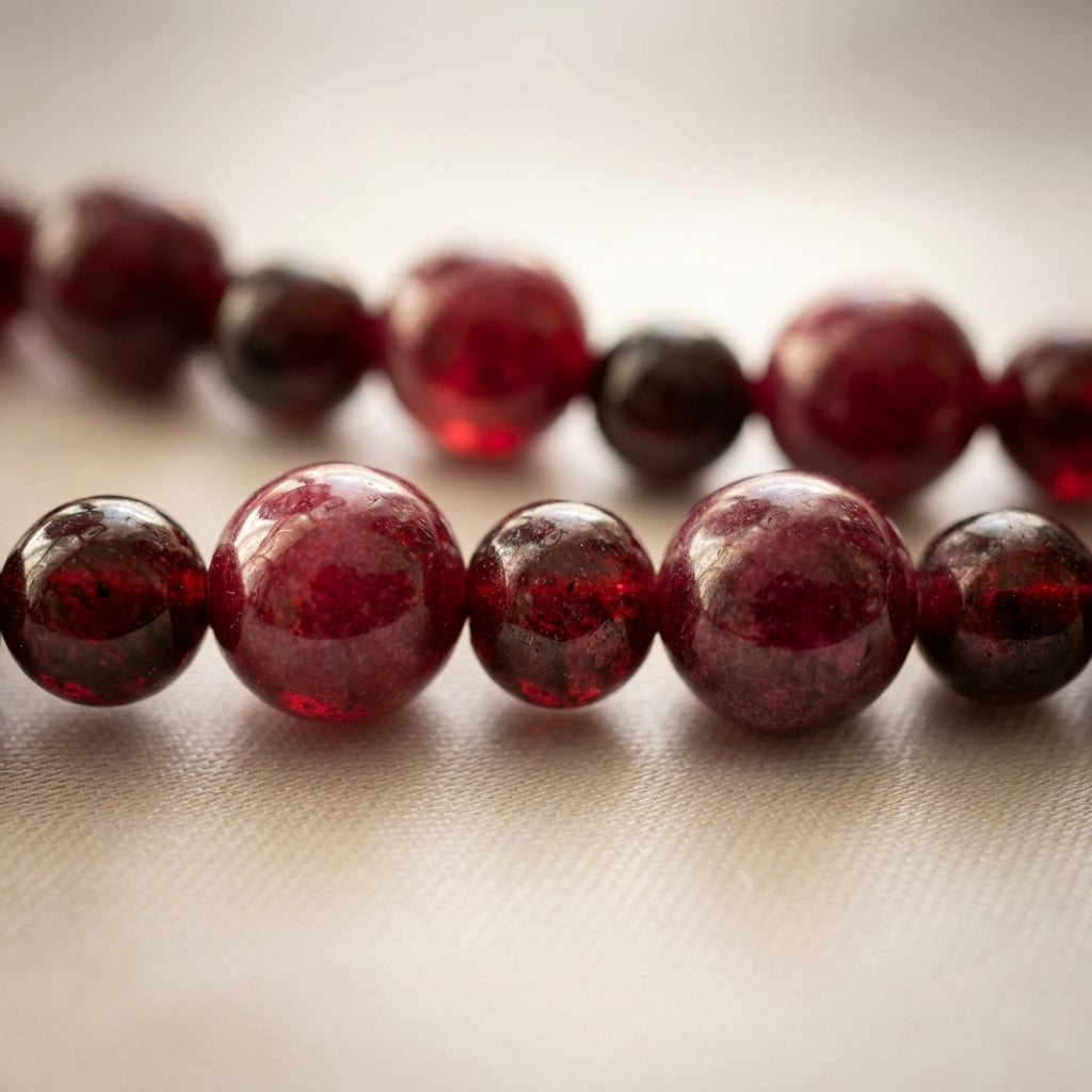 Close-up of alternating large and small round garnet beads on cream fabric, showing their glossy surfaces, deep burgundy tones and translucent red highlights.⠋