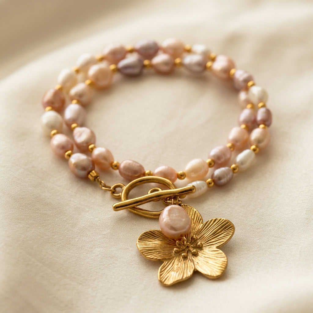White, blush pink and lilac baroque pearl necklace coiled on cream fabric, with gold-plated spacer beads, a fastened front toggle clasp, pink pearl drop and ridged gold-coloured flower pendant.