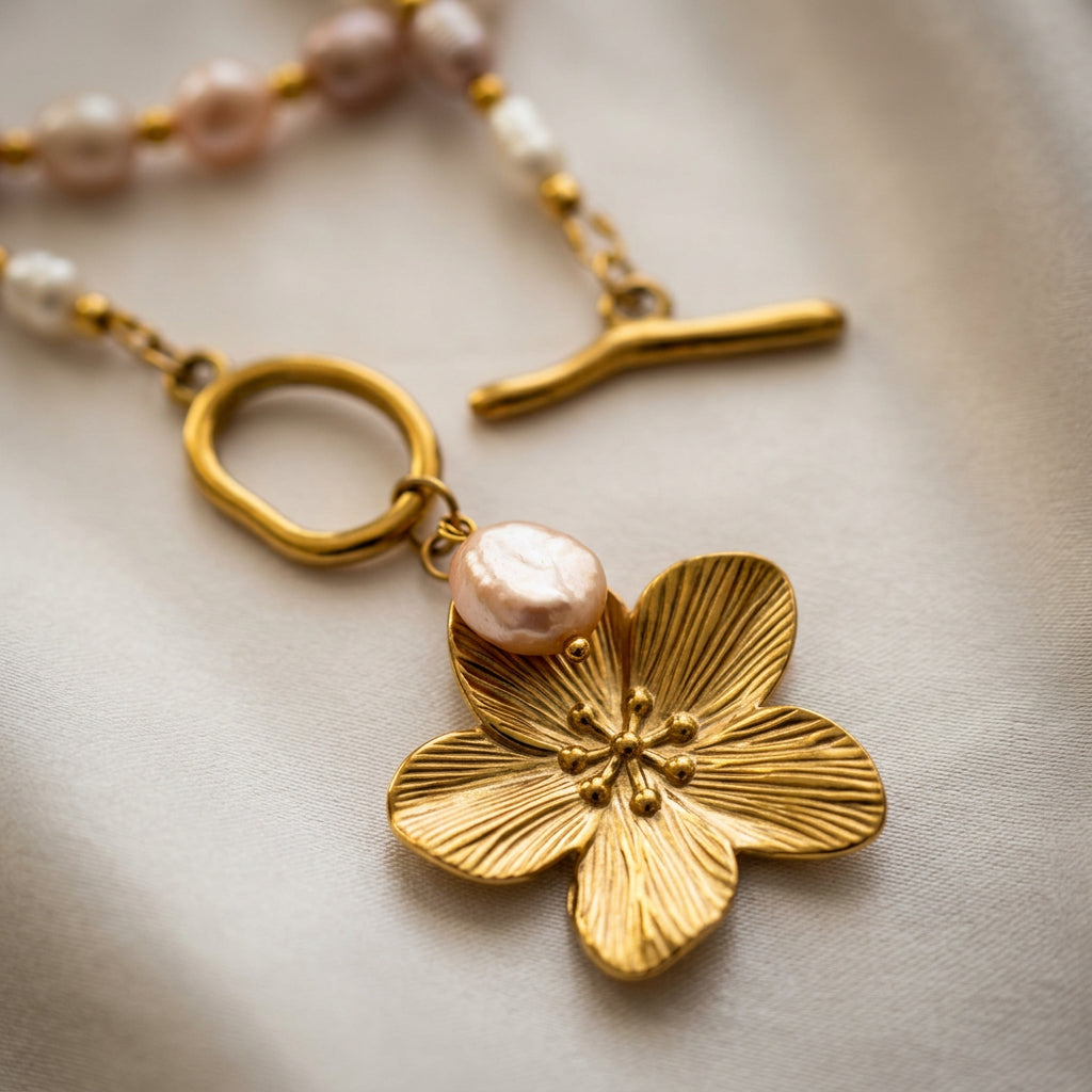 Close-up of a ridged gold-coloured flower pendant and blush pink pearl drop beside an unfastened gold-plated toggle clasp, showing its separate bar and ring on cream fabric.