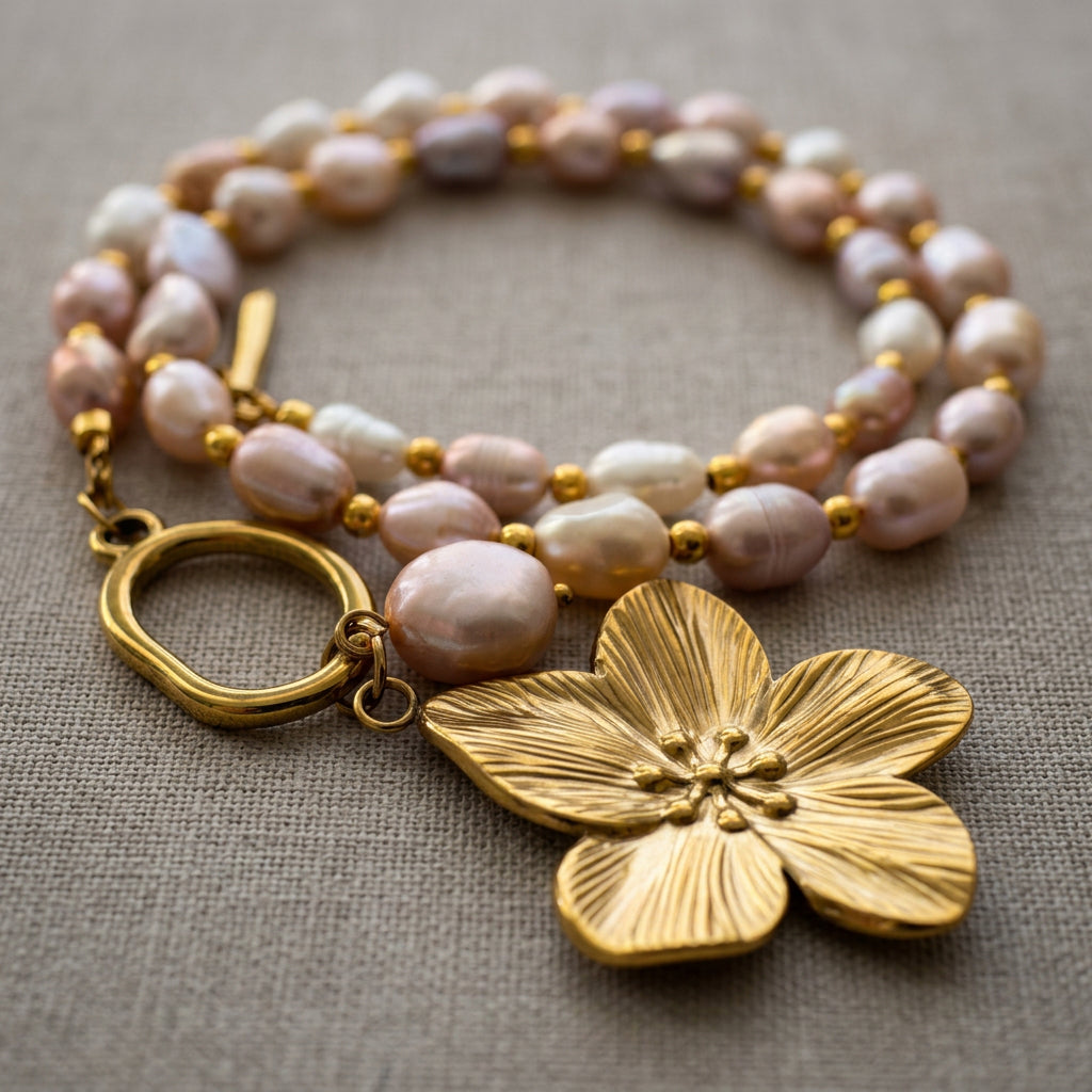 White, pink and lilac baroque pearl necklace coiled on grey linen, with an unfastened gold-plated toggle clasp, pink pearl drop and large gold-coloured flower pendant with finely ridged petals.