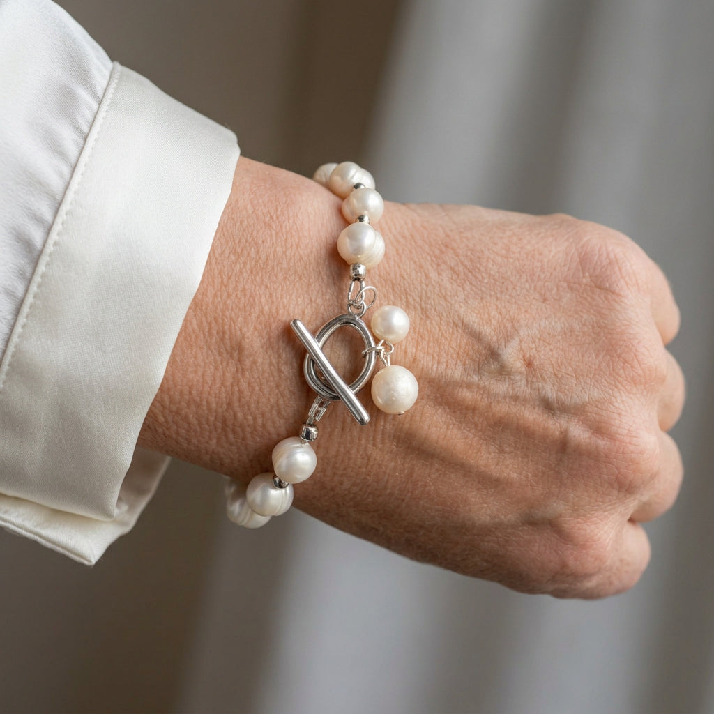 White baroque pearl bracelet with silver-coloured spacers, a fastened oval toggle clasp and two dangling pearl charms, worn on the wrist beside a white silk shirt cuff.