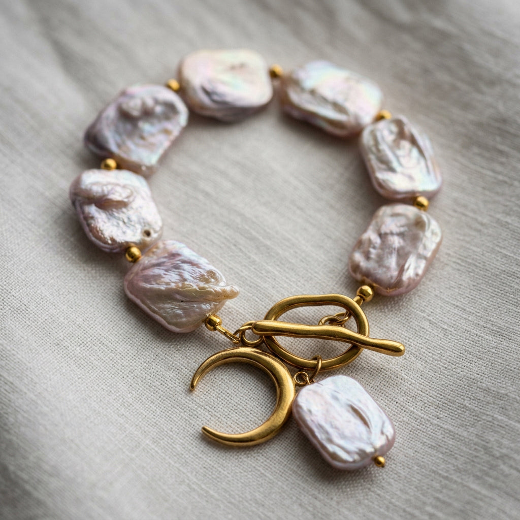 Pink rectangular baroque pearl bracelet arranged in a circle on grey linen, with gold-coloured spacer beads, a toggle clasp, crescent moon charm and dangling pearl pendant.⠋
