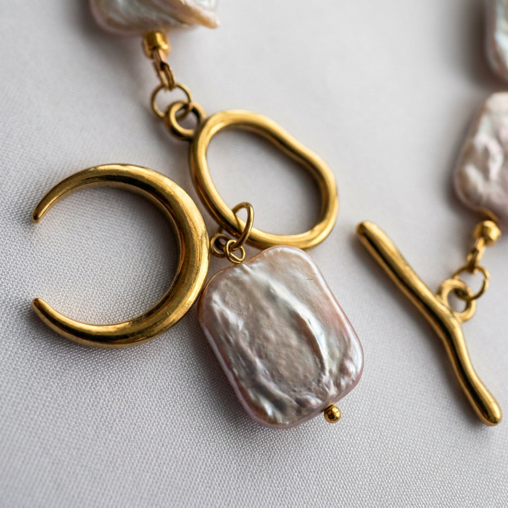 Unfastened gold-plated toggle clasp beside a crescent moon charm and rectangular pink baroque pearl pendant, resting on pale fabric.