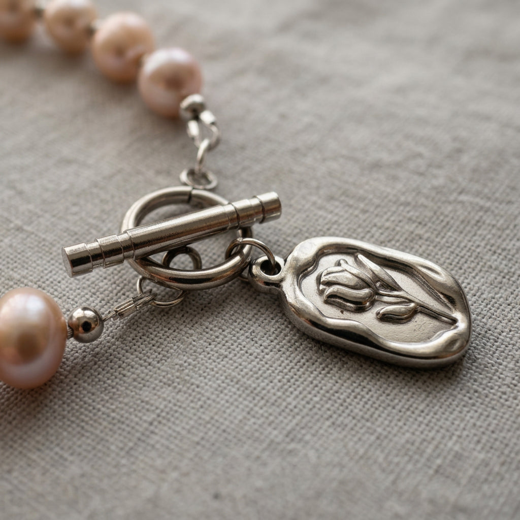 Close-up of a stainless steel toggle clasp and rectangular pendant embossed with a tulip, attached to a pink baroque pearl bracelet on grey linen.