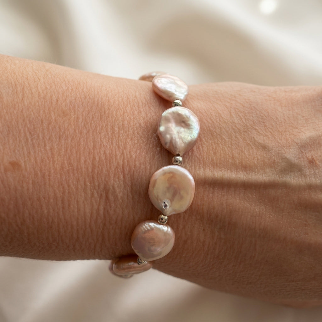 Pink Coin Pearl Bracelet with Pearl Pendant Toggle