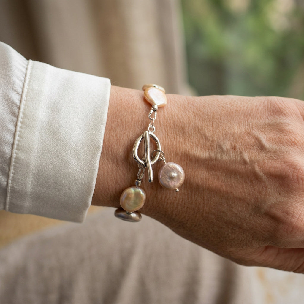 Blush-pink and cream coin pearl bracelet with a fastened silver-coloured oval toggle clasp and dangling pink pearl charm, worn beside a white silk shirt cuff.